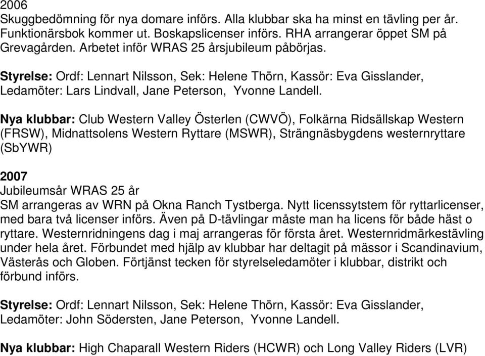 Nya klubbar: Club Western Valley Österlen (CWVÖ), Folkärna Ridsällskap Western (FRSW), Midnattsolens Western Ryttare (MSWR), Strängnäsbygdens westernryttare (SbYWR) 2007 Jubileumsår WRAS 25 år SM