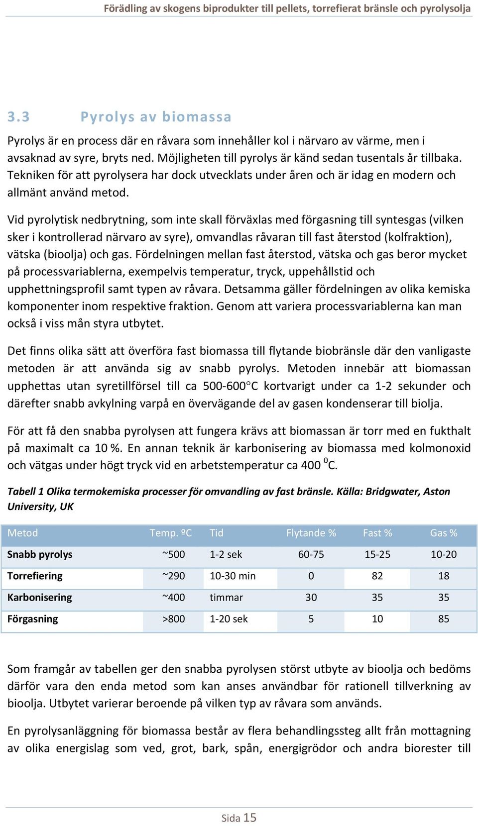 Vid pyrolytisk nedbrytning, som inte skall förväxlas med förgasning till syntesgas (vilken sker i kontrollerad närvaro av syre), omvandlas råvaran till fast återstod (kolfraktion), vätska (bioolja)