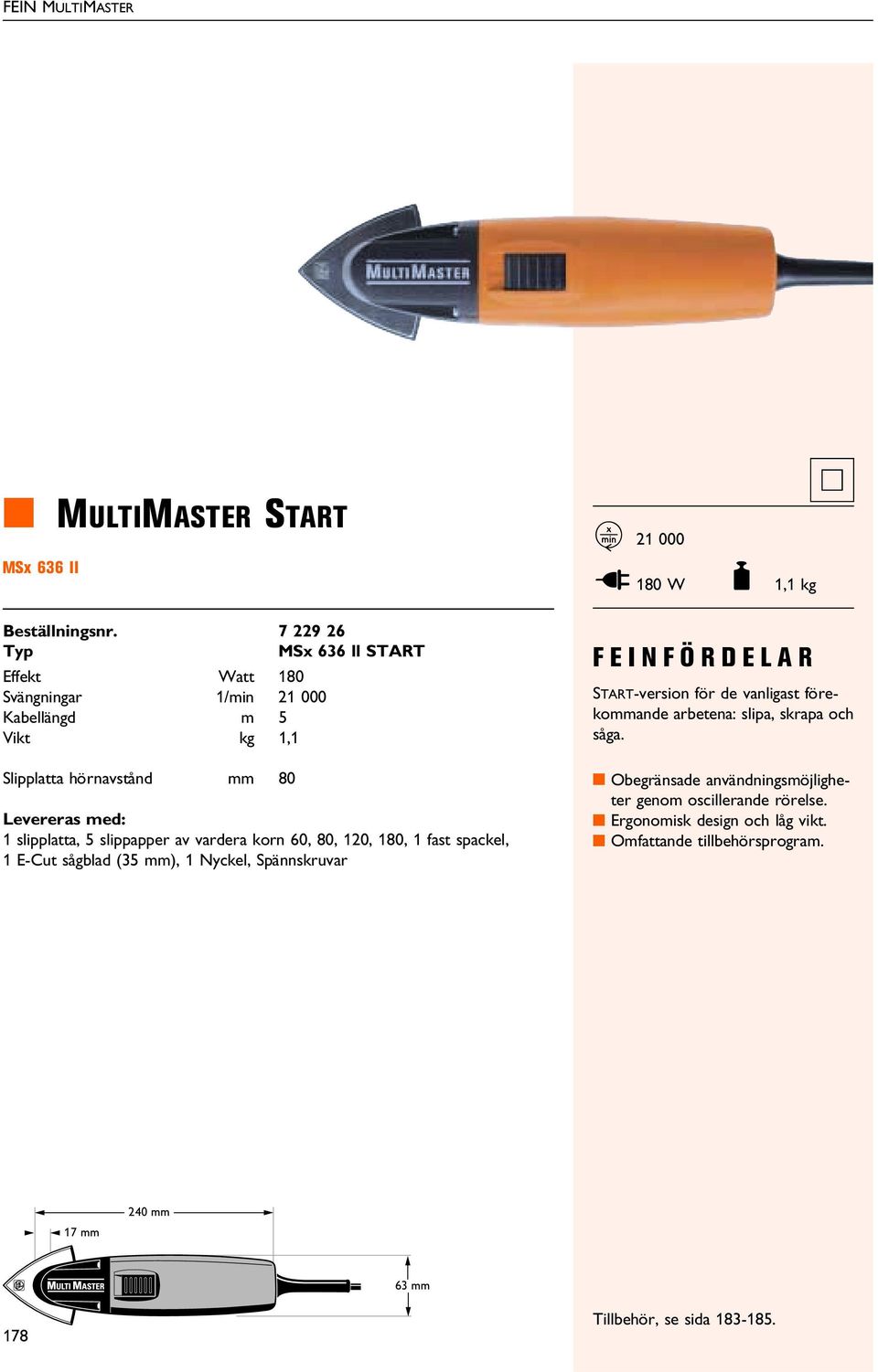 hörnavstånd 80 7 229 26 MSx 636 ll START Levereras med: 1 slipplatta, 5 slippapper av vardera korn 60, 80, 120, 180, 1 fast spackel, 1 E-Cut sågblad