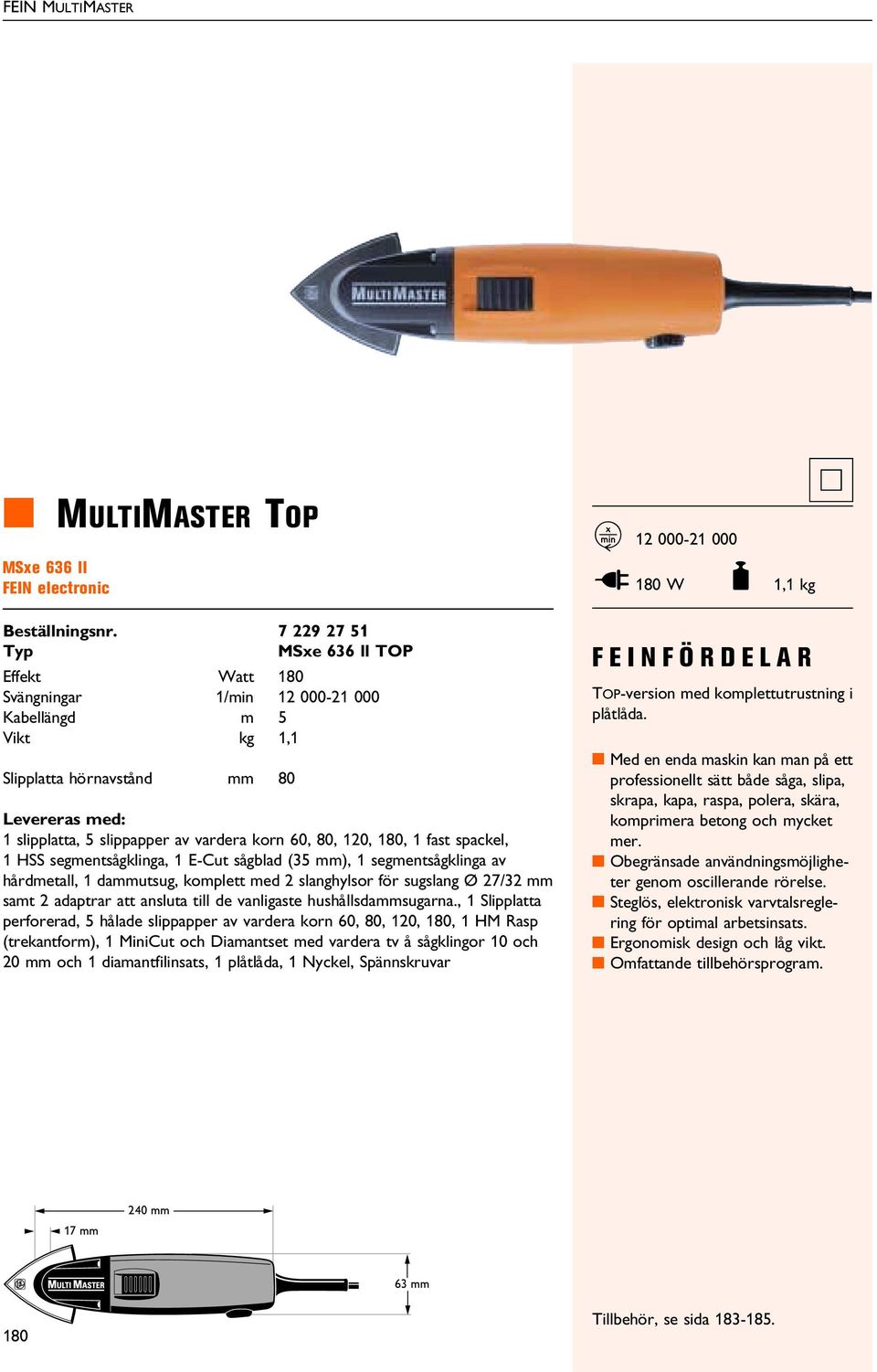 slipplatta, 5 slippapper av vardera korn 60, 80, 120, 180, 1 fast spackel, 1 HSS segmentsågklinga, 1 E-Cut sågblad (35 ), 1 segmentsågklinga av hårdmetall, 1 dautsug, komplett med 2 slanghylsor för