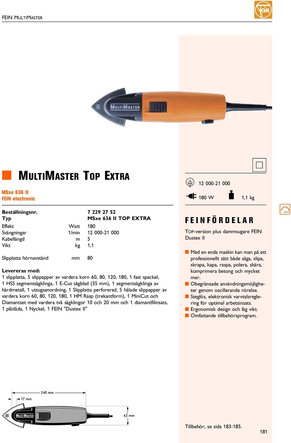 med: 1 slipplatta, 5 slippapper av vardera korn 60, 80, 120, 180, 1 fast spackel, 1 HSS segmentsågklinga, 1 E-Cut sågblad (35 ), 1 segmentsågklinga av hårdmetall, 1 utsugsanordning, 1 Slipplatta
