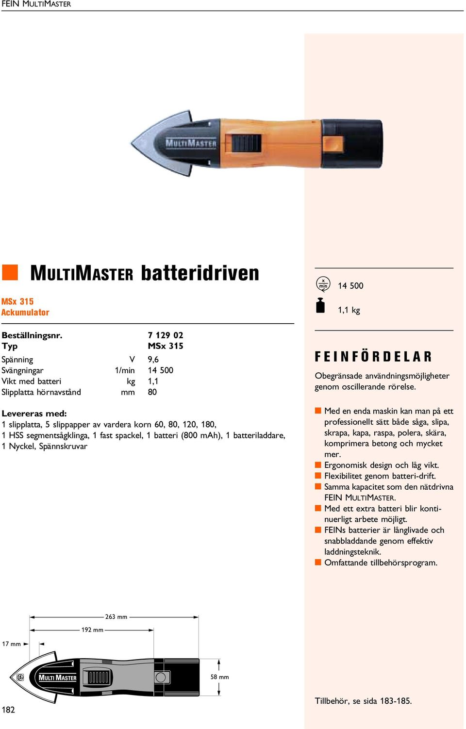 av vardera korn 60, 80, 120, 180, 1 HSS segmentsågklinga, 1 fast spackel, 1 batteri (800 mah), 1 batteriladdare, 1 Nyckel, Spännskruvar K 14 500 F 1,1 kg FEINFÖRDELAR Obegränsade