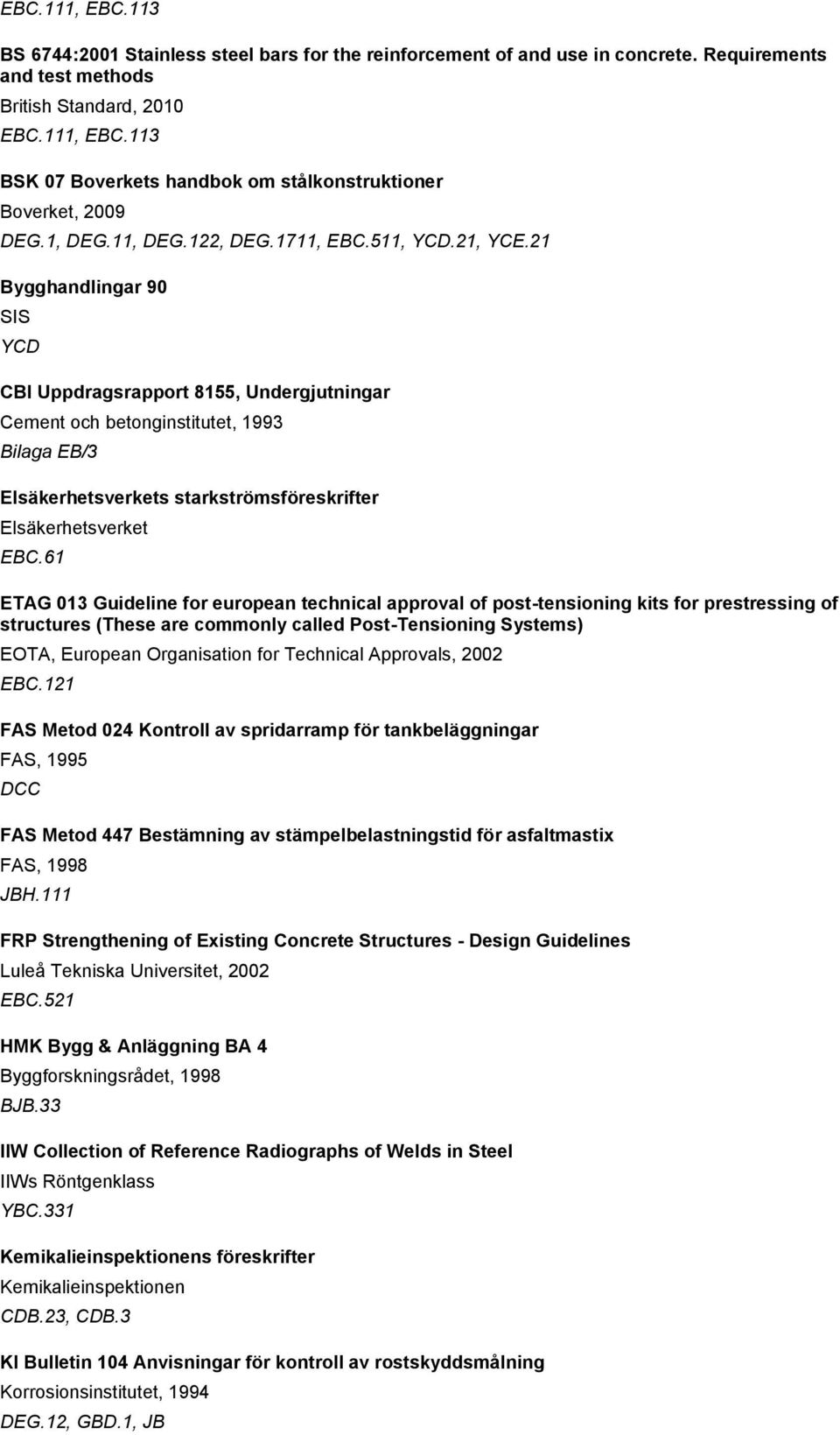 21 Bygghandlingar 90 SIS YCD CBI Uppdragsrapport 8155, Undergjutningar Cement och betonginstitutet, 1993 Bilaga EB/3 Elsäkerhetsverkets starkströmsföreskrifter Elsäkerhetsverket EBC.