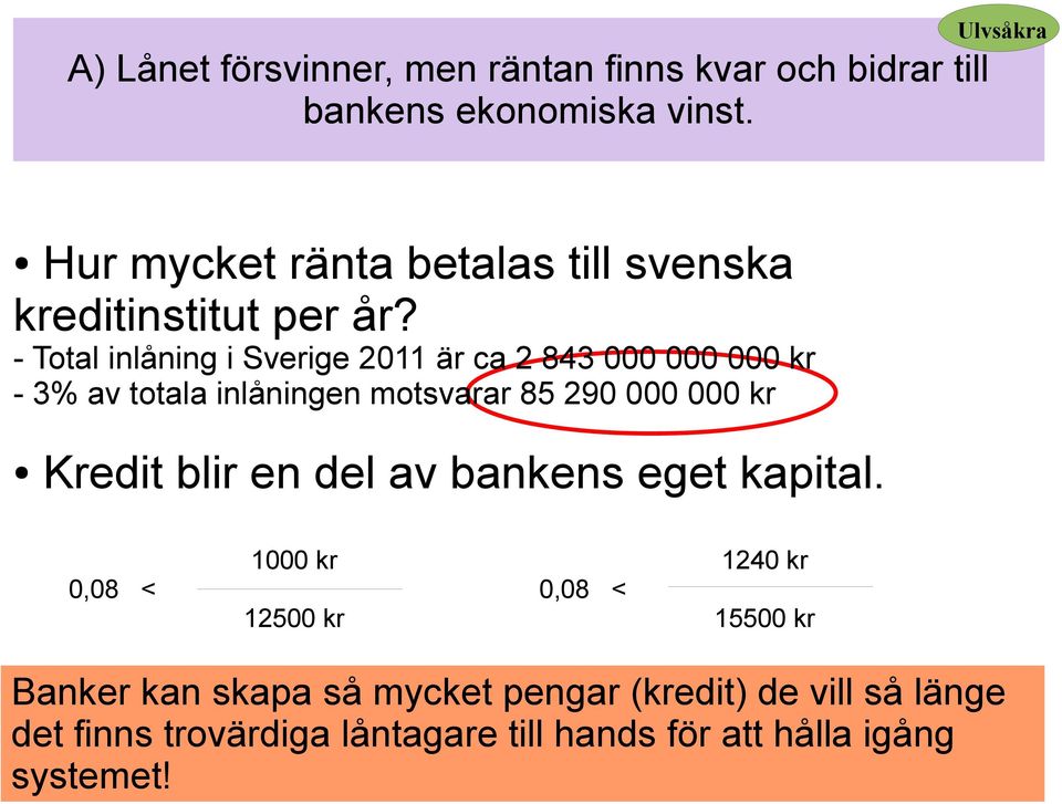 - Total inlåning i Sverige 2011 är ca 2 843 000 000 000 kr - 3% av totala inlåningen motsvarar 85 290 000 000 kr Kredit