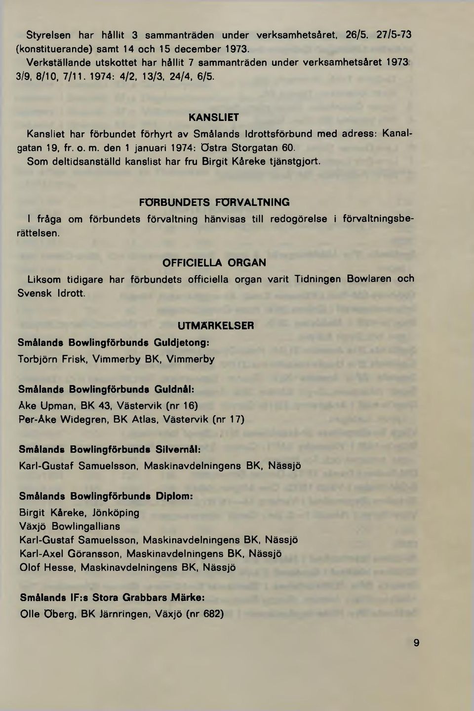 KANSLIET Kansliet har förbundet förhyrt av Smålands Idrottsförbund med adress: Kanalgatan 19, fr. o. m. den 1 januari 1974: östra Storgatan 60.