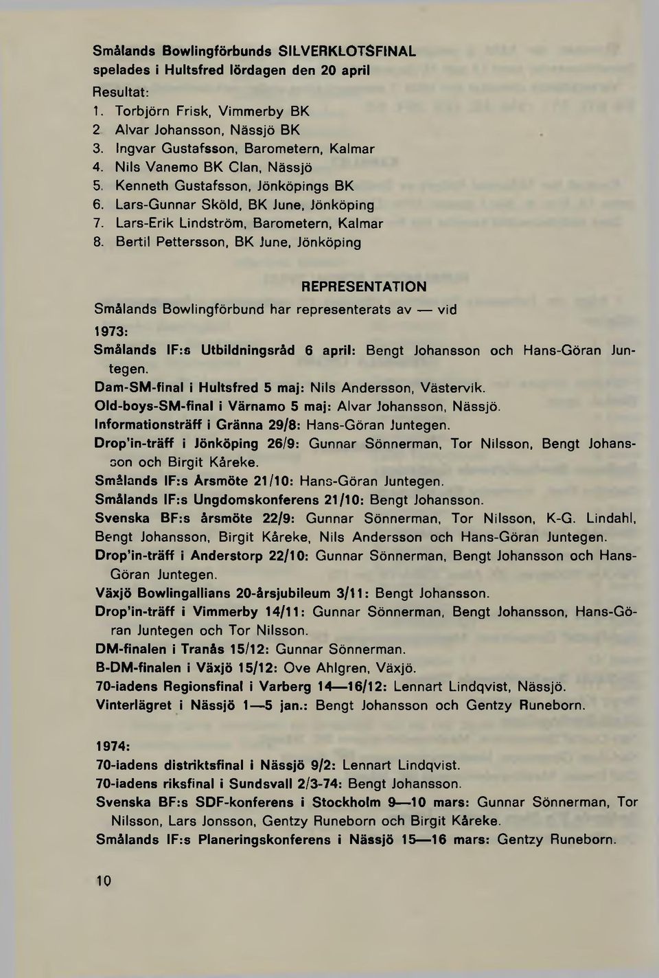 Bertil Pettersson, BK June, Jönköping REPRESENTATION Smålands Bowlingförbund har representerats av vid 1973: Smålands IF:a Utbildningsråd 6 april: Bengt Johansson och Hans-Göran Juntegen.