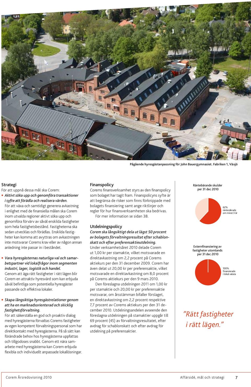 För att växa och samtidigt generera avkastning i enlighet med de finansiella målen ska Corem inom utvalda regioner aktivt söka upp och genomföra förvärv av såväl enskilda fastigheter som hela