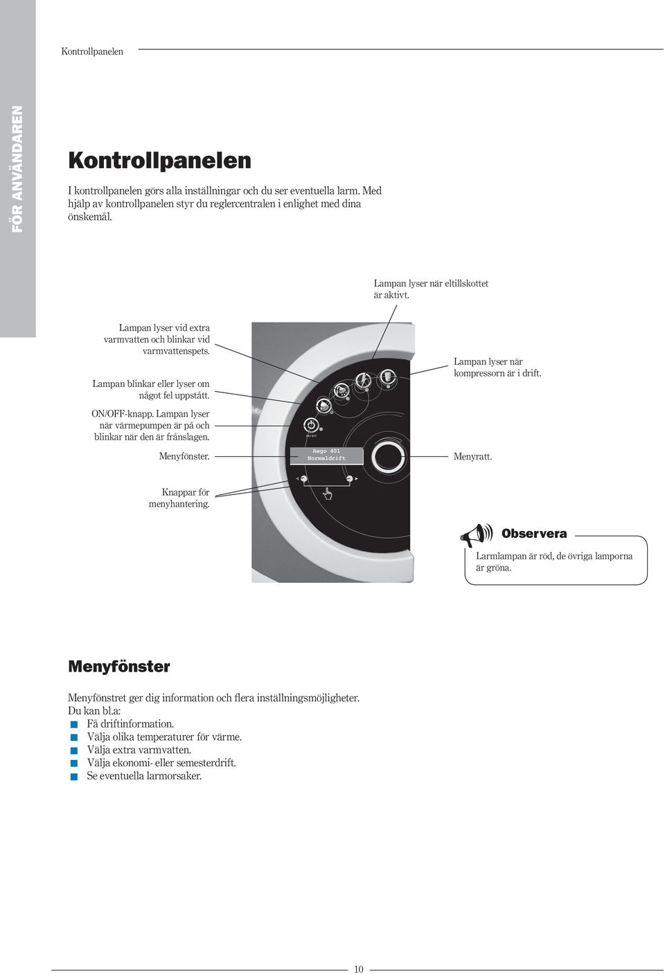 Lampan lyser när värmepumpen är på och blinkar när den är frånslagen. Menyfönster. Rego 401 Normaldrift Lampan lyser när kompressorn är i drift. Menyratt. Knappar för menyhantering.