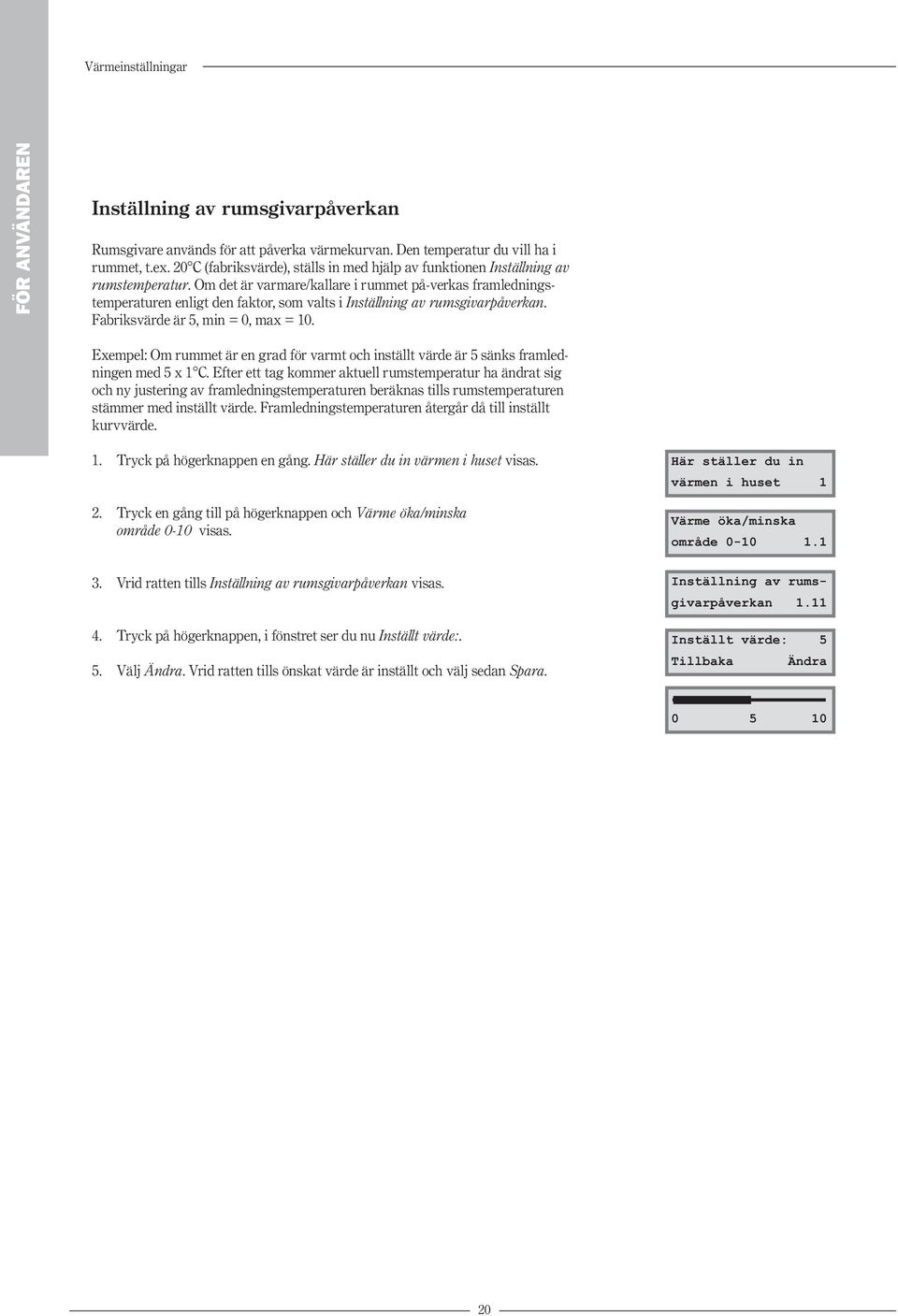 Om det är varmare/kallare i rummet på-verkas framledningstemperaturen enligt den faktor, som valts i Inställning av rumsgivarpåverkan. Fabriksvärde är 5, min = 0, max = 10.