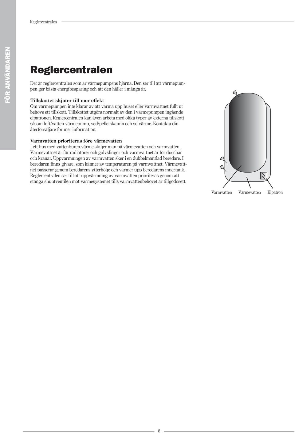 Tillskottet utgörs normalt av den i värmepumpen ingående elpatronen. Reglercentralen kan även arbeta med olika typer av externa tillskott såsom luft/vatten-värmepump, ved/pelletskamin och solvärme.