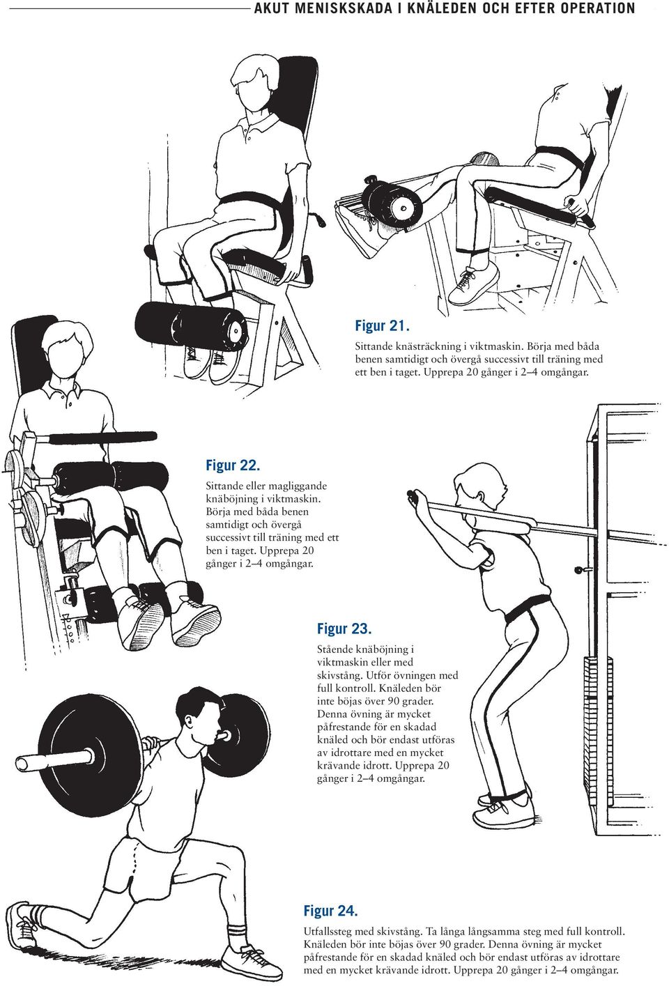 Stående knäböjning i viktmaskin eller med skivstång. Utför övningen med full kontroll. Knäleden bör inte böjas över 90 grader.