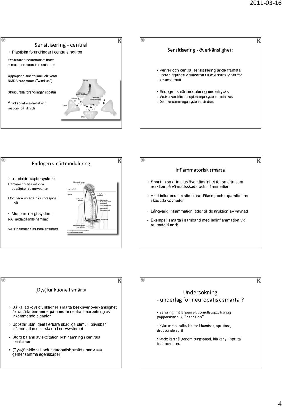 spontanaktivitet och respons på stimuli Endogen smärtmodulering undertrycks " Medverkan från det opioiderga systemet minskas " Det monoaminerga systemet ändras " µ-opioidreceptorsystem: Hämmar via