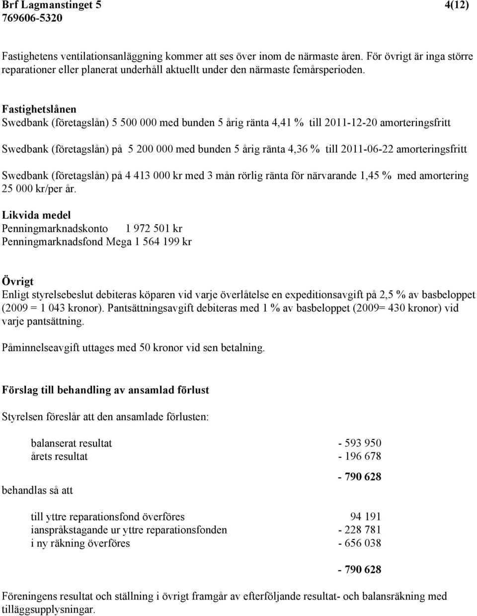 Fastighetslånen Swedbank (företagslån) 5 500 000 med bunden 5 årig ränta 4,41 % till 2011-12-20 amorteringsfritt Swedbank (företagslån) på 5 200 000 med bunden 5 årig ränta 4,36 % till 2011-06-22