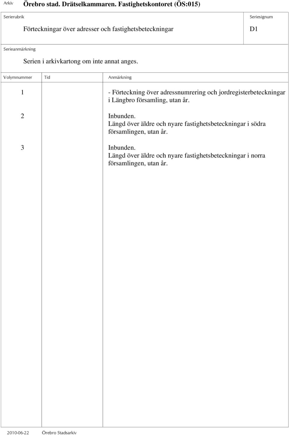 1 - Förteckning över adressnumrering och jordregisterbeteckningar i Längbro församling, utan år.