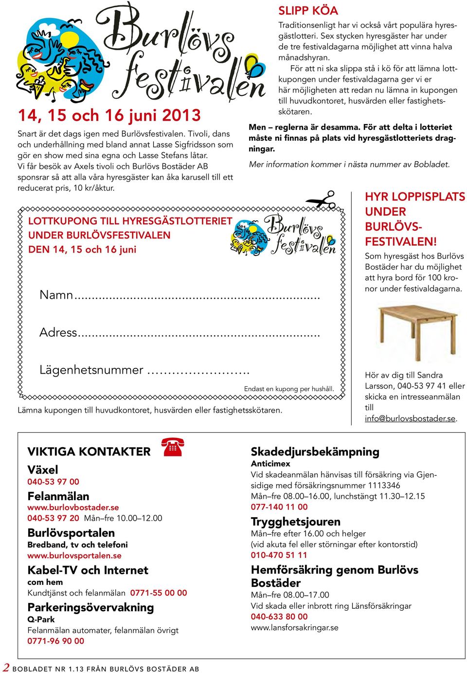 LOTTKUPONG TILL HYRESGÄSTLOTTERIET UNDER BURLÖVSFESTIVALEN DEN 14, 15 och 16 juni Slipp köa Namn... Traditions enligt har vi också vårt populära hyresgästlotteri.