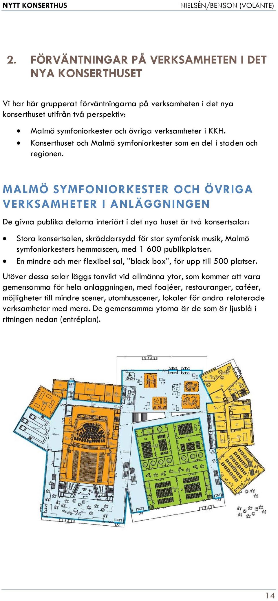 MALMÖ SYMFONIORKESTER OCH ÖVRIGA VERKSAMHETER I ANLÄGGNINGEN De givna publika delarna interiört i det nya huset är två konsertsalar: Stora konsertsalen, skräddarsydd för stor symfonisk musik, Malmö