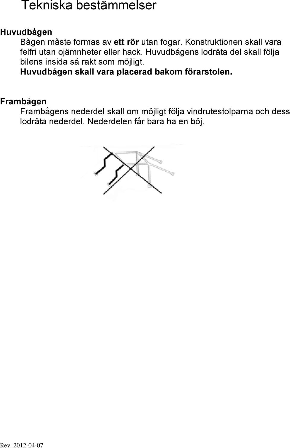 Huvudbågens lodräta del skall följa bilens insida så rakt som möjligt.