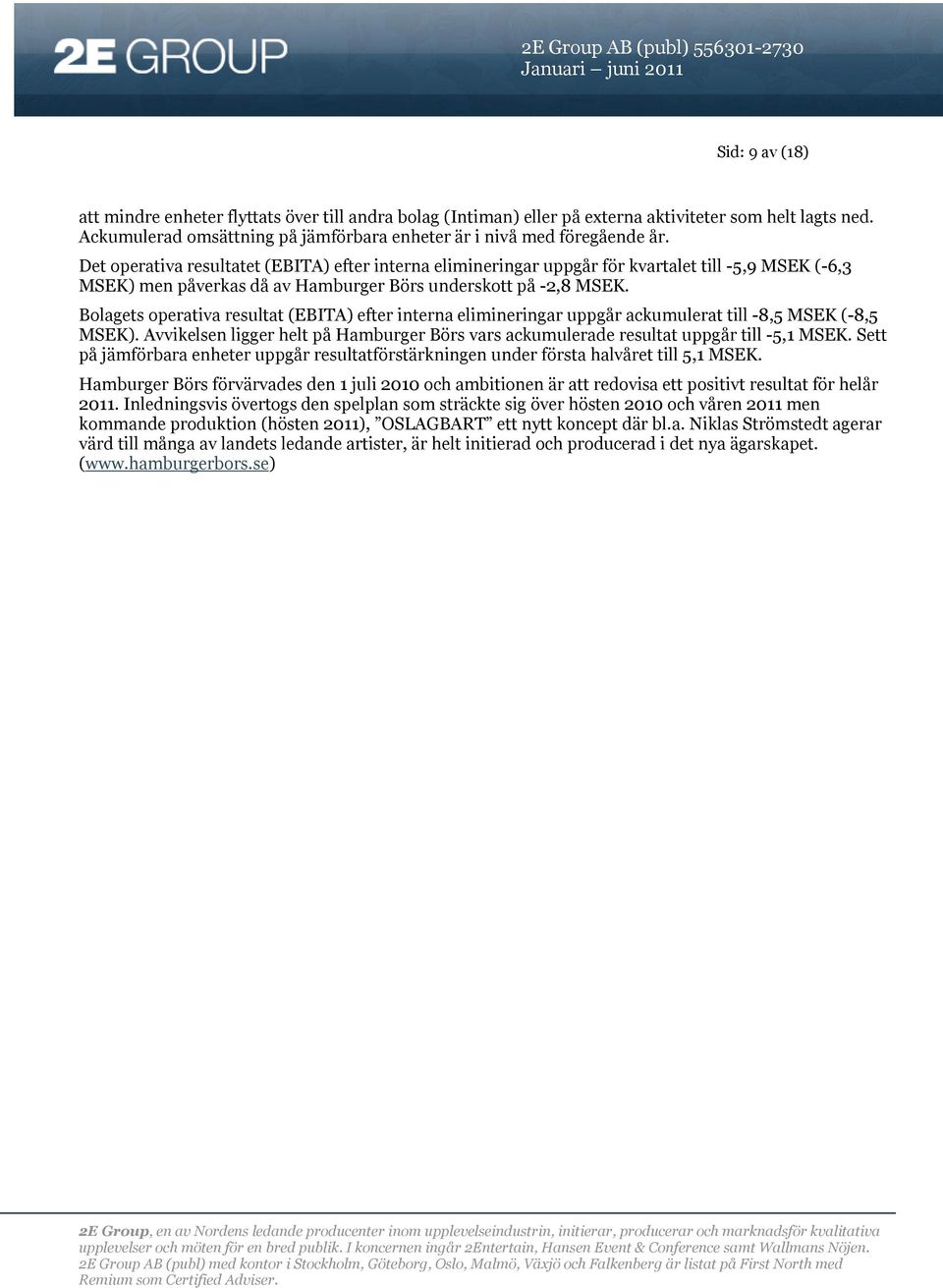 Bolagets operativa resultat (EBITA) efter interna elimineringar uppgår ackumulerat till -8,5 MSEK (-8,5 MSEK).