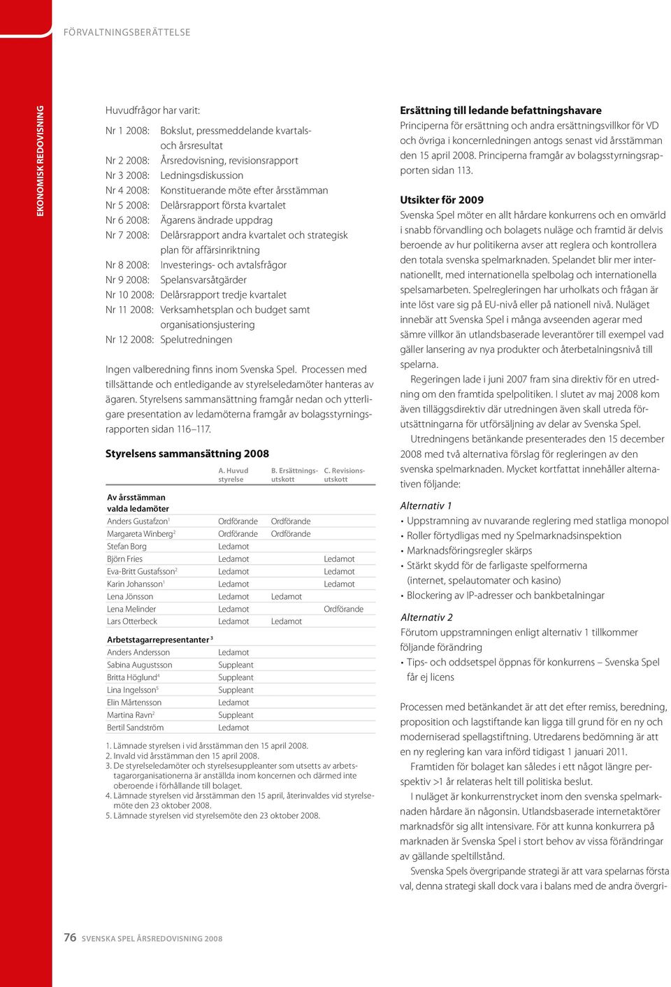 plan för affärsinriktning Nr 8 2008: Investerings- och avtalsfrågor Nr 9 2008: Spelansvarsåtgärder Nr 10 2008: Delårsrapport tredje kvartalet Nr 11 2008: Verksamhetsplan och budget samt