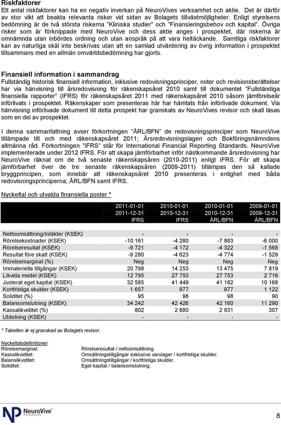 Övriga risker som är förknippade med NeuroVive och dess aktie anges i prospektet, där riskerna är omnämnda utan inbördes ordning och utan anspråk på att vara heltäckande.