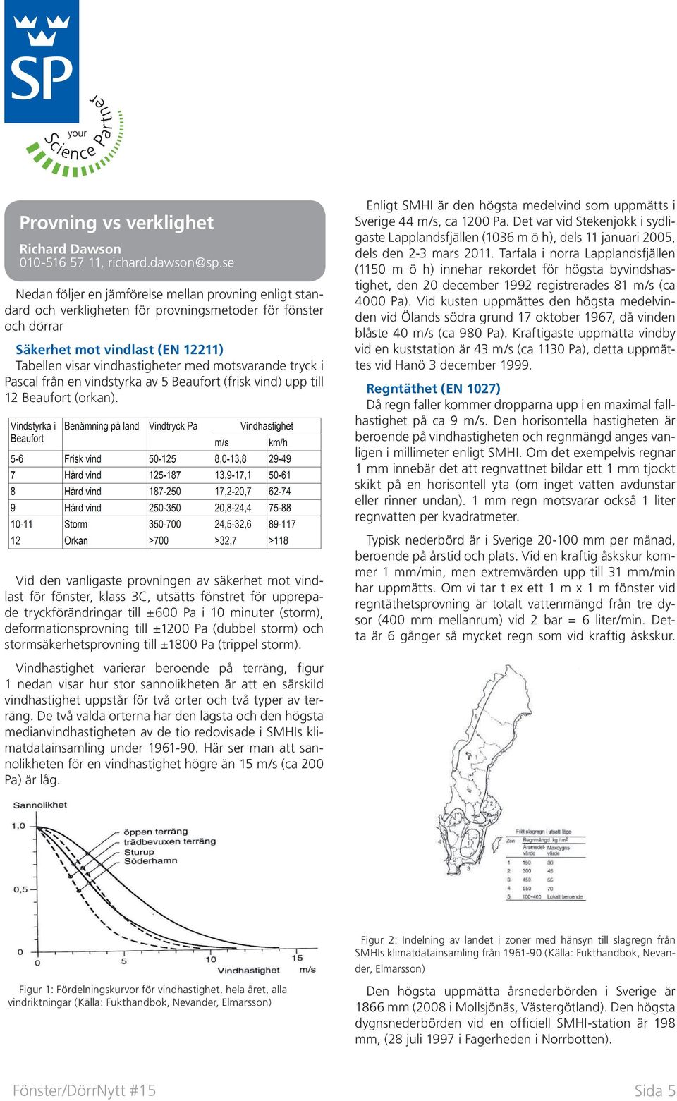 motsvarande tryck i Pascal från en vindstyrka av 5 Beaufort (frisk vind) upp till 12 Beaufort (orkan).