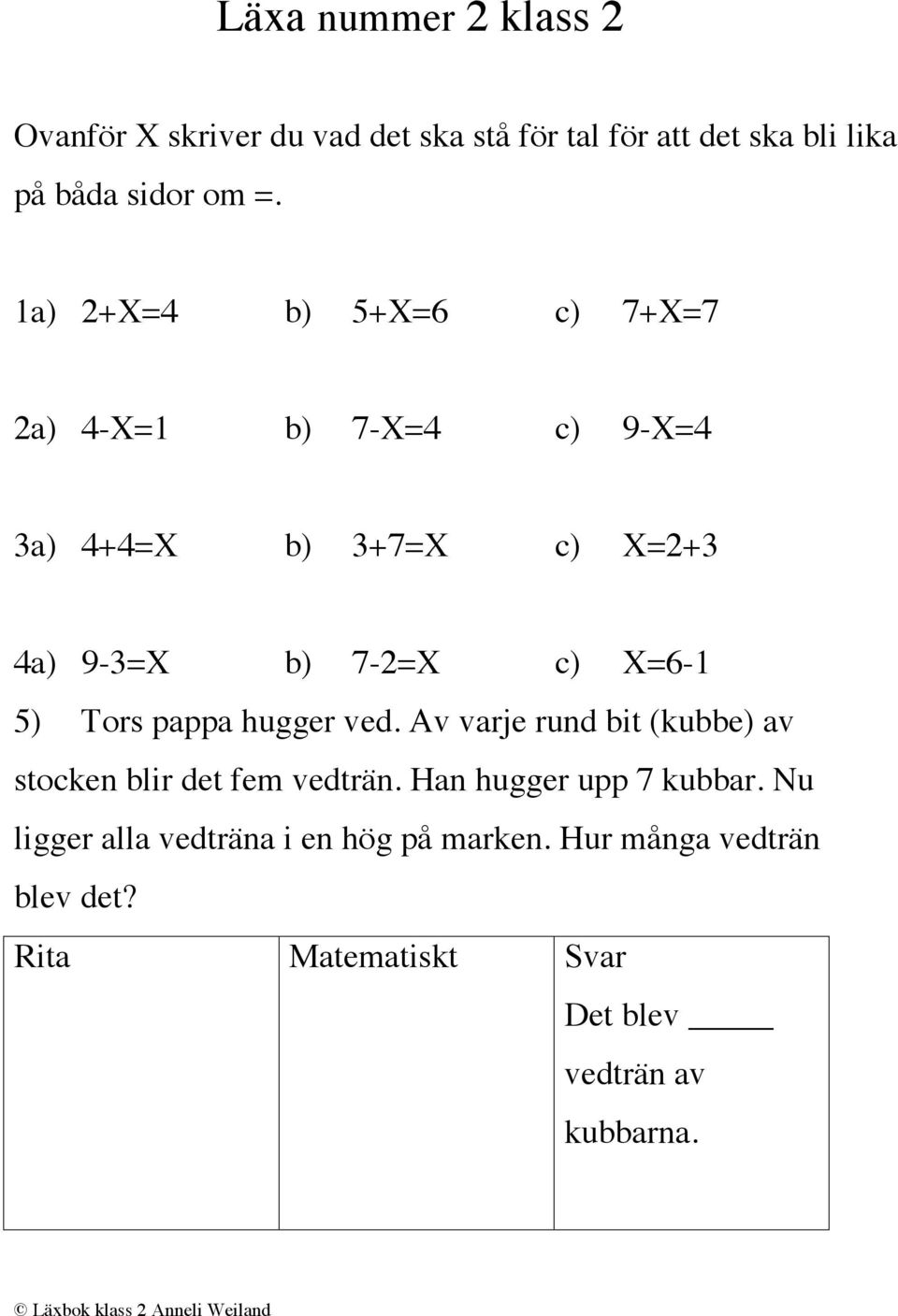 X=6-1 5) Tors pappa hugger ved. Av varje rund bit (kubbe) av stocken blir det fem vedträn.