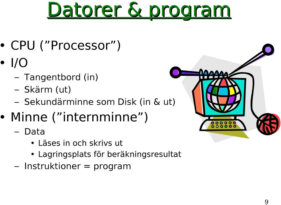 Minne ( internminne ) Data Läses in och skrivs ut