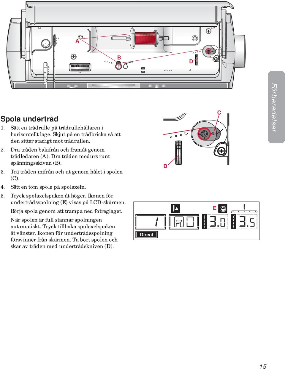 Sätt en tom spole på spolaxeln. 5. Tryck spolaxelspaken åt höger. Ikonen för undertrådsspolning (E) visas på LCD-skärmen. Börja spola genom att trampa ned fotreglaget.