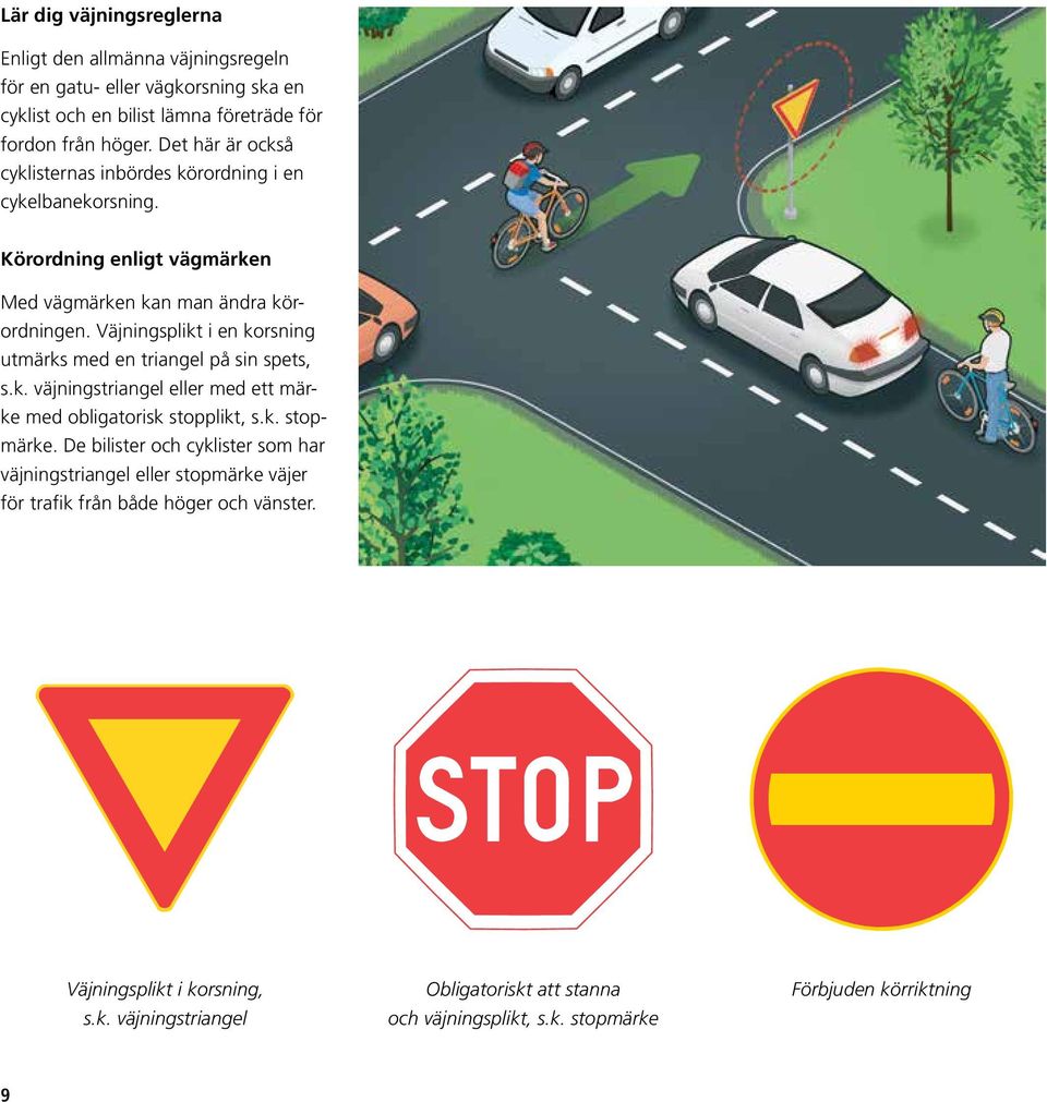 Väjningsplikt i en korsning utmärks med en triangel på sin spets, s.k. väjningstriangel eller med ett märke med obligatorisk stopplikt, s.k. stopmärke.