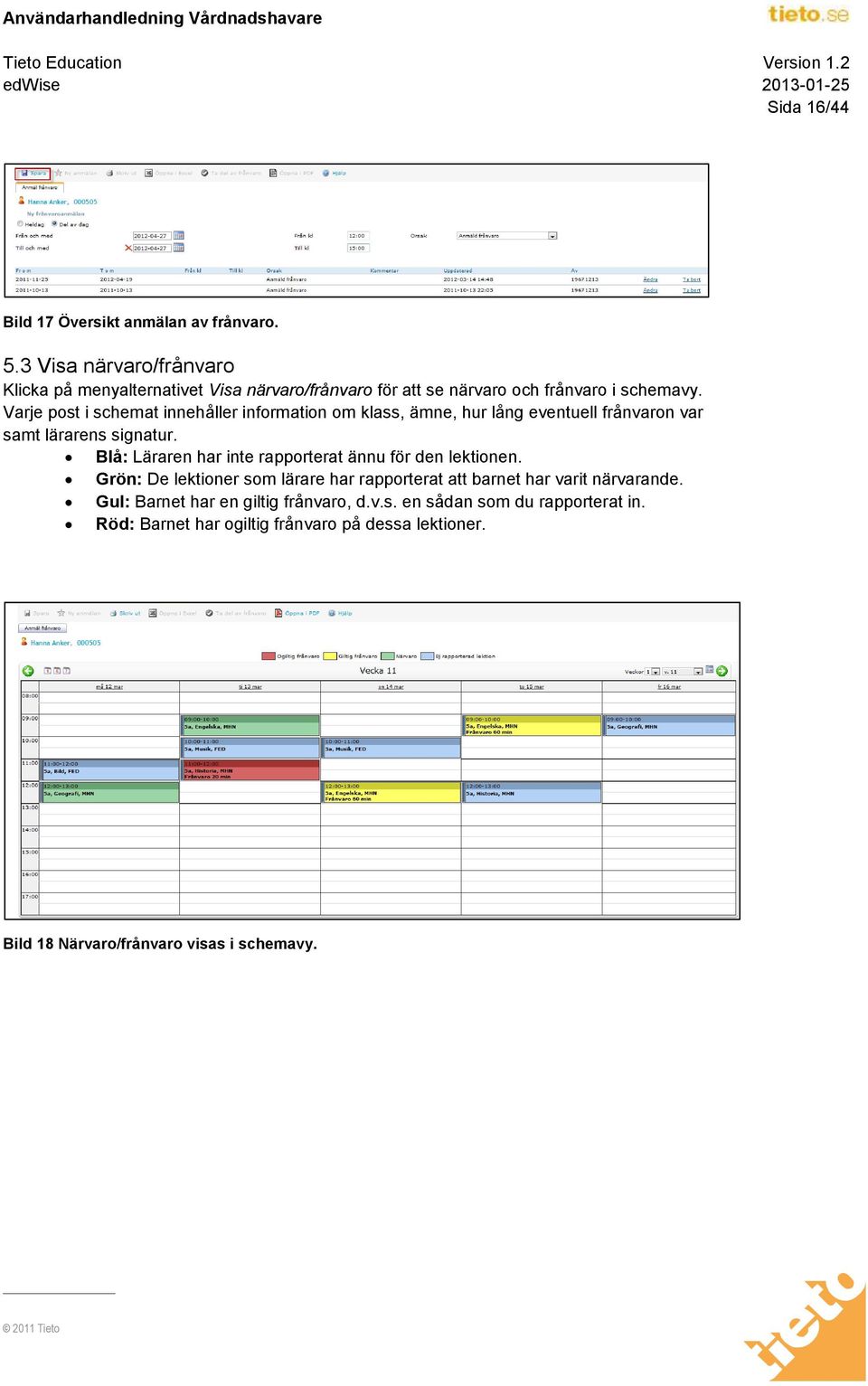 Varje post i schemat innehåller information om klass, ämne, hur lång eventuell frånvaron var samt lärarens signatur.