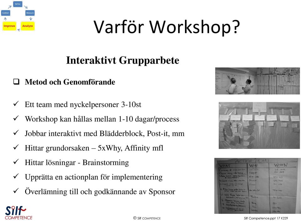 hållas mellan 1-10 dagar/process Jobbar interaktivt med Blädderblock, Post-it, mm Hittar