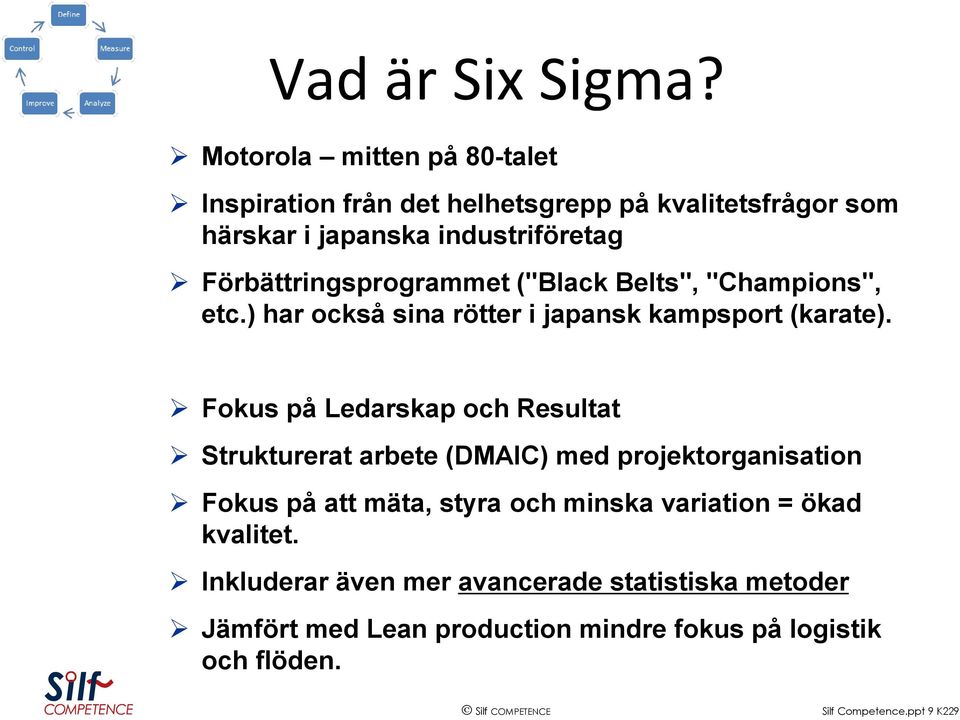 Förbättringsprogrammet ("Black Belts", "Champions", etc.) har också sina rötter i japansk kampsport (karate).
