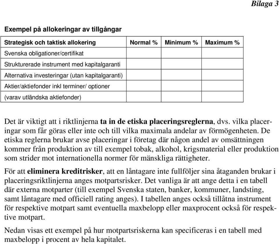 vilka placeringar som får göras eller inte och till vilka maximala andelar av förmögenheten.