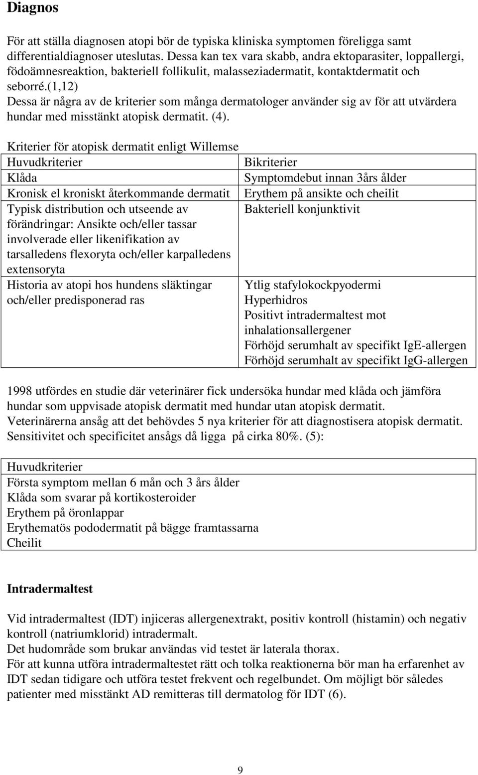 (1,12) Dessa är några av de kriterier som många dermatologer använder sig av för att utvärdera hundar med misstänkt atopisk dermatit. (4).