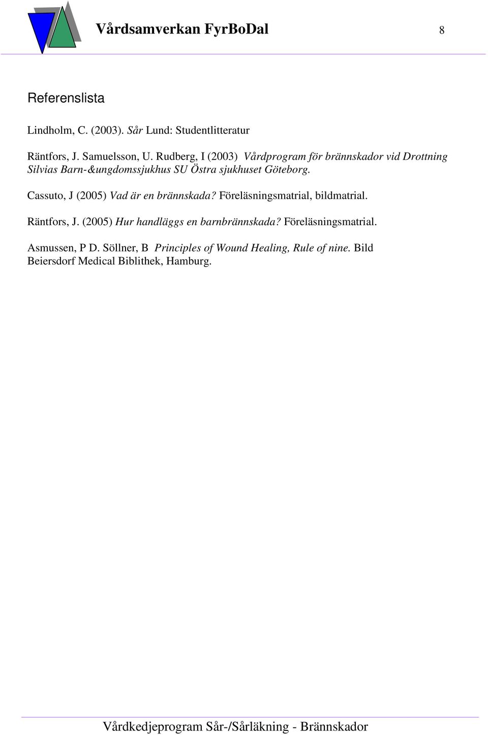 Cassuto, J (2005) Vad är en brännskada? Föreläsningsmatrial, bildmatrial. Räntfors, J.