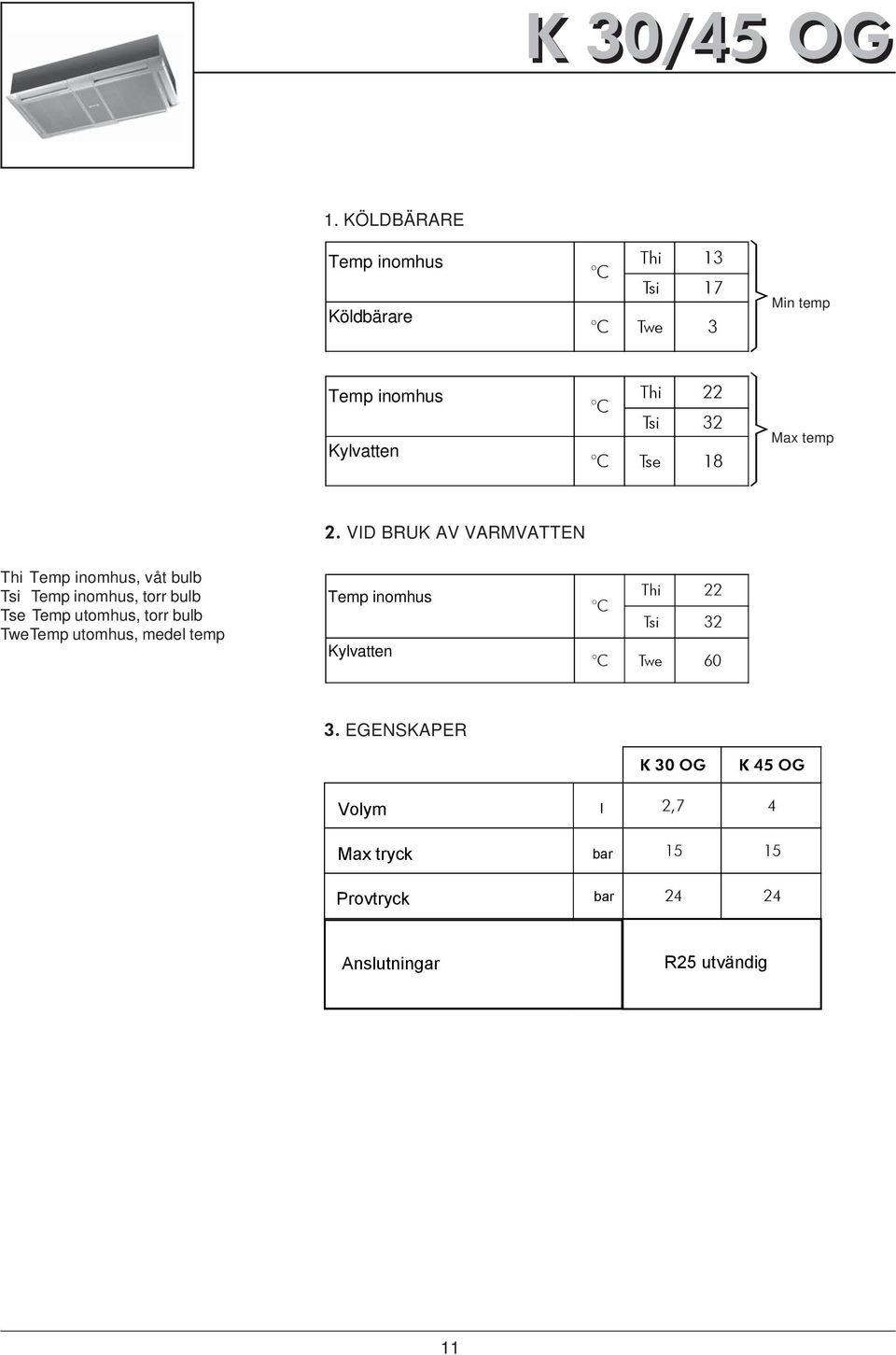 Thi 22 C Tsi 32 C Tse 18 LIMITES SUPERIEURES MXIMUM Max temp MXIMUM TEMPERTURE Thi Temp inomhus, våt bulb Tsi Temp inomhus, torr bulb Tse Temp utomhus, torr bulb TweTemp utomhus, medel temp 2.