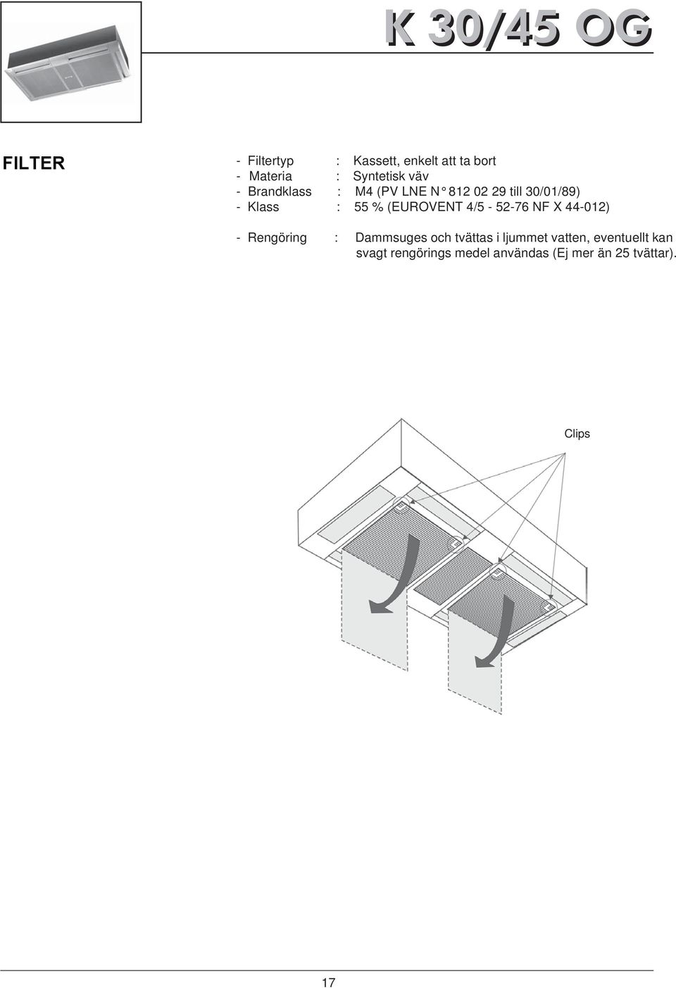 25 tvättar). - Filter type... Rapidly removable cassettes - Media... oven synthetics - Fire resistance... M4 (PV LNE No 812 02 29 to 30/01/89) - Efficiency.
