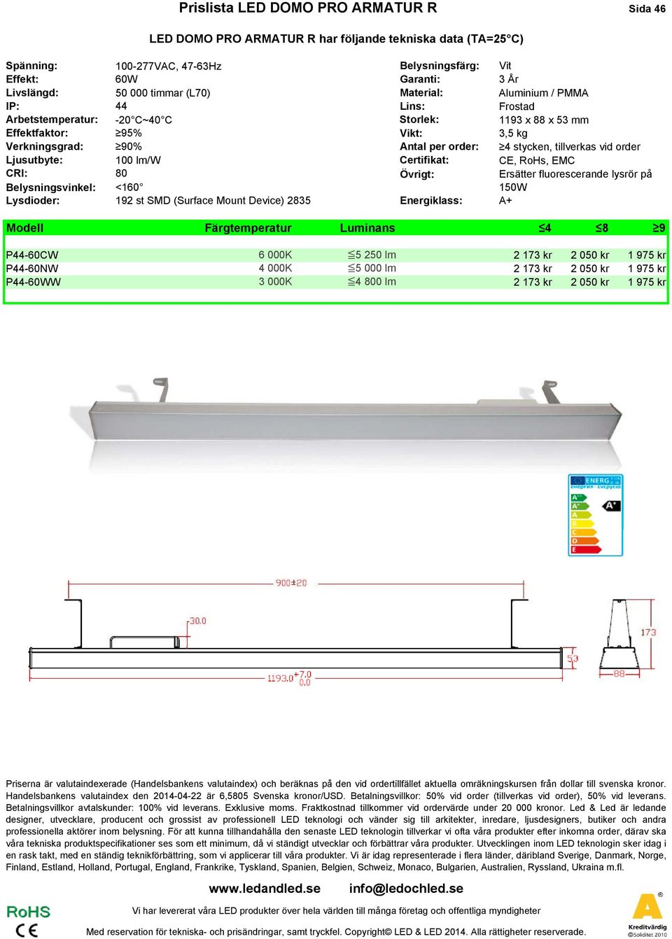 Ljusutbyte: 100 lm/w ertifikat: E, RoHs, EM RI: 80 Övrigt: Ersätter fluorescerande lysrör på Belysningsvinkel: <160 150W Lysdioder: 192 st SMD (Surface Mount Device) 2835 Energiklass: A+ Modell