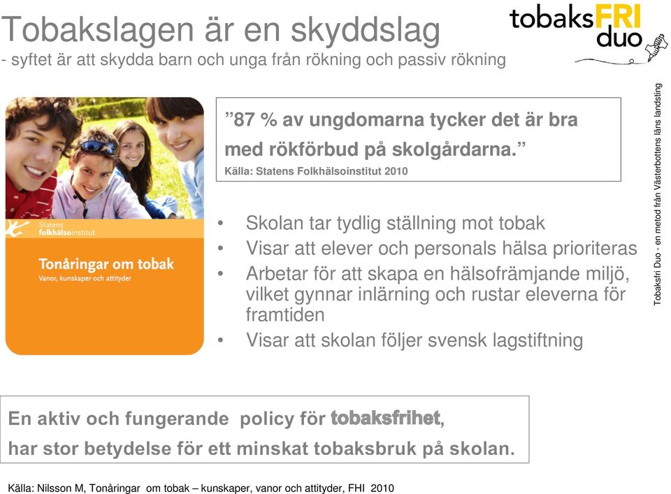 Källa: Statens Folkhälsoinstitut 2010 Skolan tar tydlig ställning mot tobak Visar att elever och personals hälsa prioriteras
