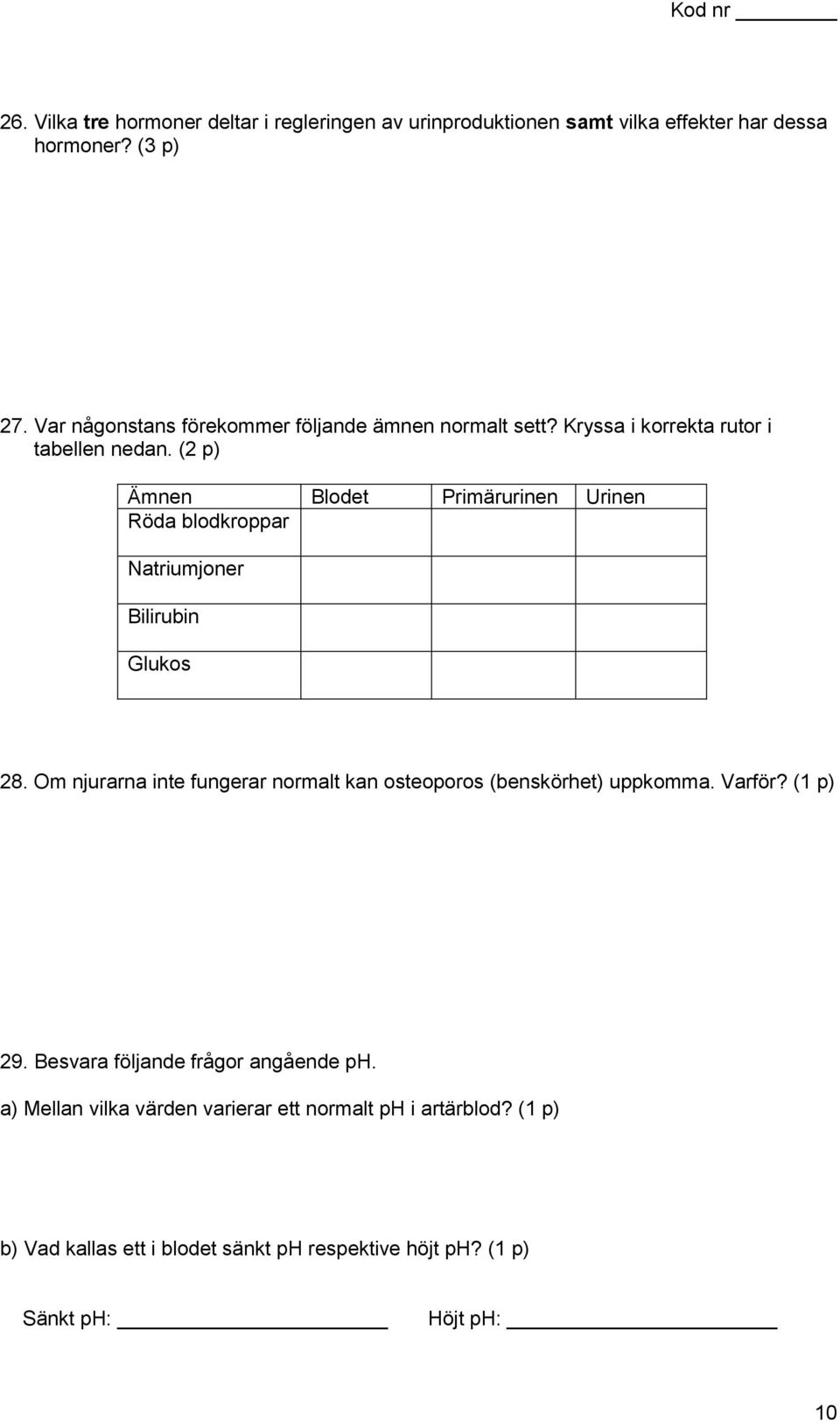 (2 p) Ämnen Blodet Primärurinen Urinen Röda blodkroppar Natriumjoner Bilirubin Glukos 28.