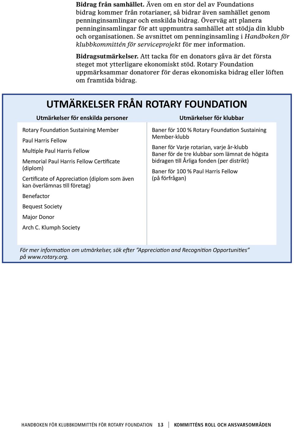 Se avsnittet om penninginsamling i Handboken för klubbkommittén för serviceprojekt för mer information. Bidragsutmärkelser.