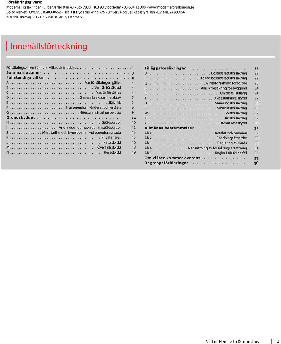 24260666 Klausdalsbrovej 601 DK 2750 Ballerup, Danmark Innehållsförteckning Försäkringsvillkor för hem, villa och fritidshus....................... 1 Sammanfattning......................... 3 Fullständiga villkor.