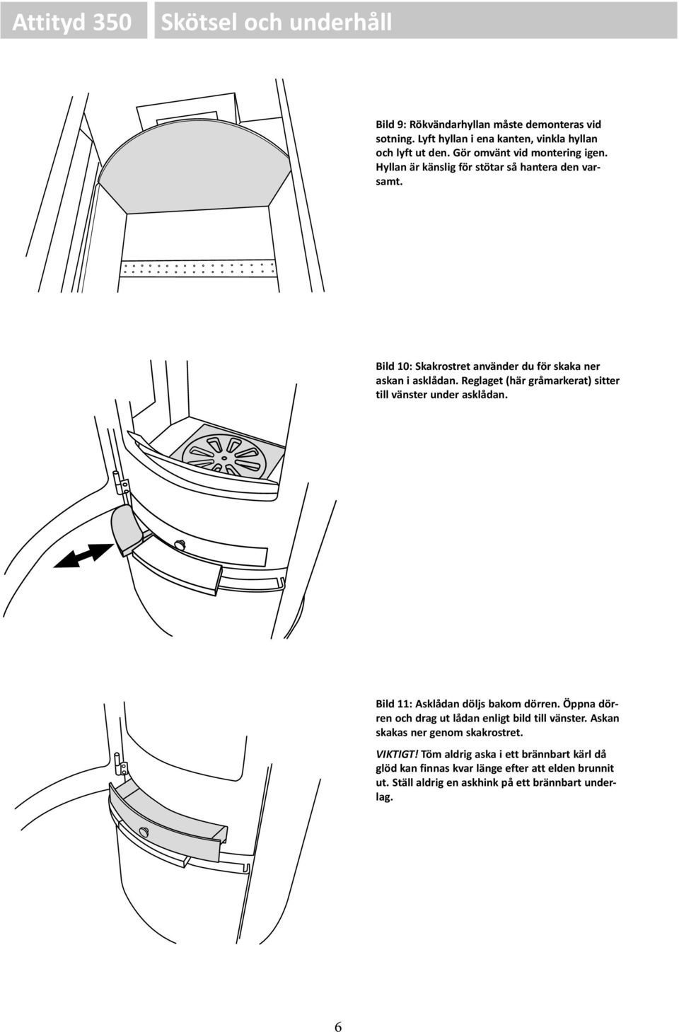 Reglaget (här gråmarkerat) sitter till vänster under asklådan. Bild 11: Asklådan döljs bakom dörren. Öppna dörren och drag ut lådan enligt bild till vänster.