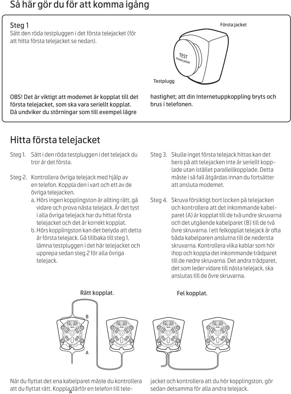 Då undviker du störningar som till exempel lägre hastighet; att din Internetuppkoppling bryts och brus i telefonen. Hitta första telejacket Steg 1.