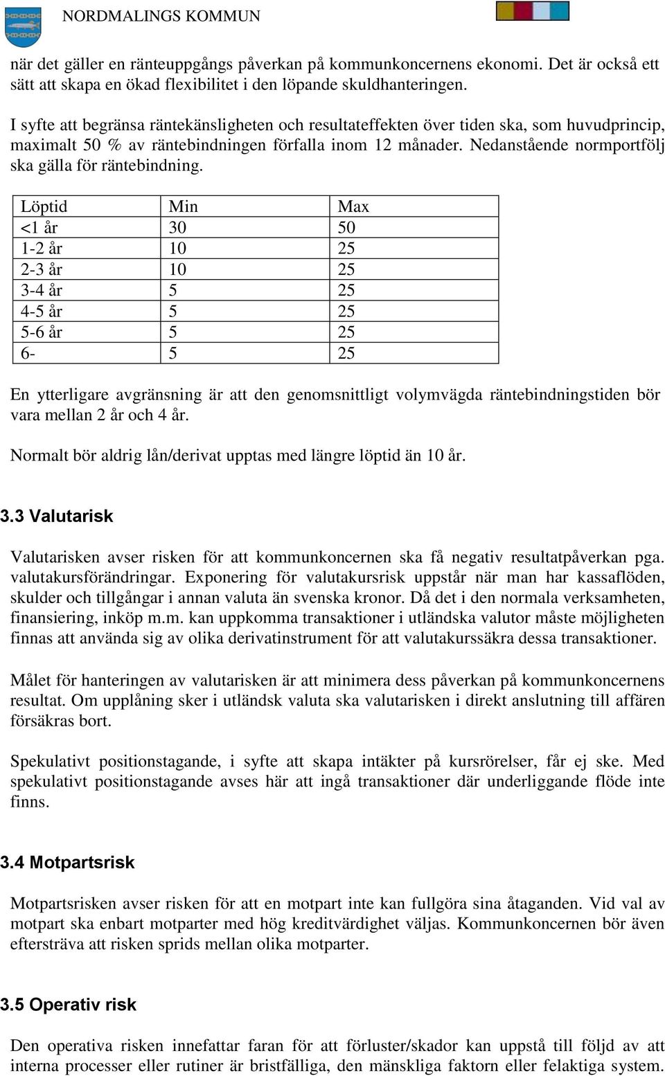 Nedanstående normportfölj ska gälla för räntebindning.