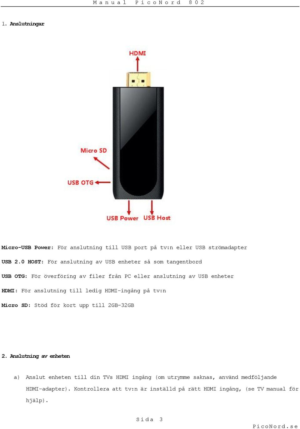 HDMI: För anslutning till ledig HDMI-ingång på tv:n Micro SD: Stöd för kort upp till 2GB-32GB 2.