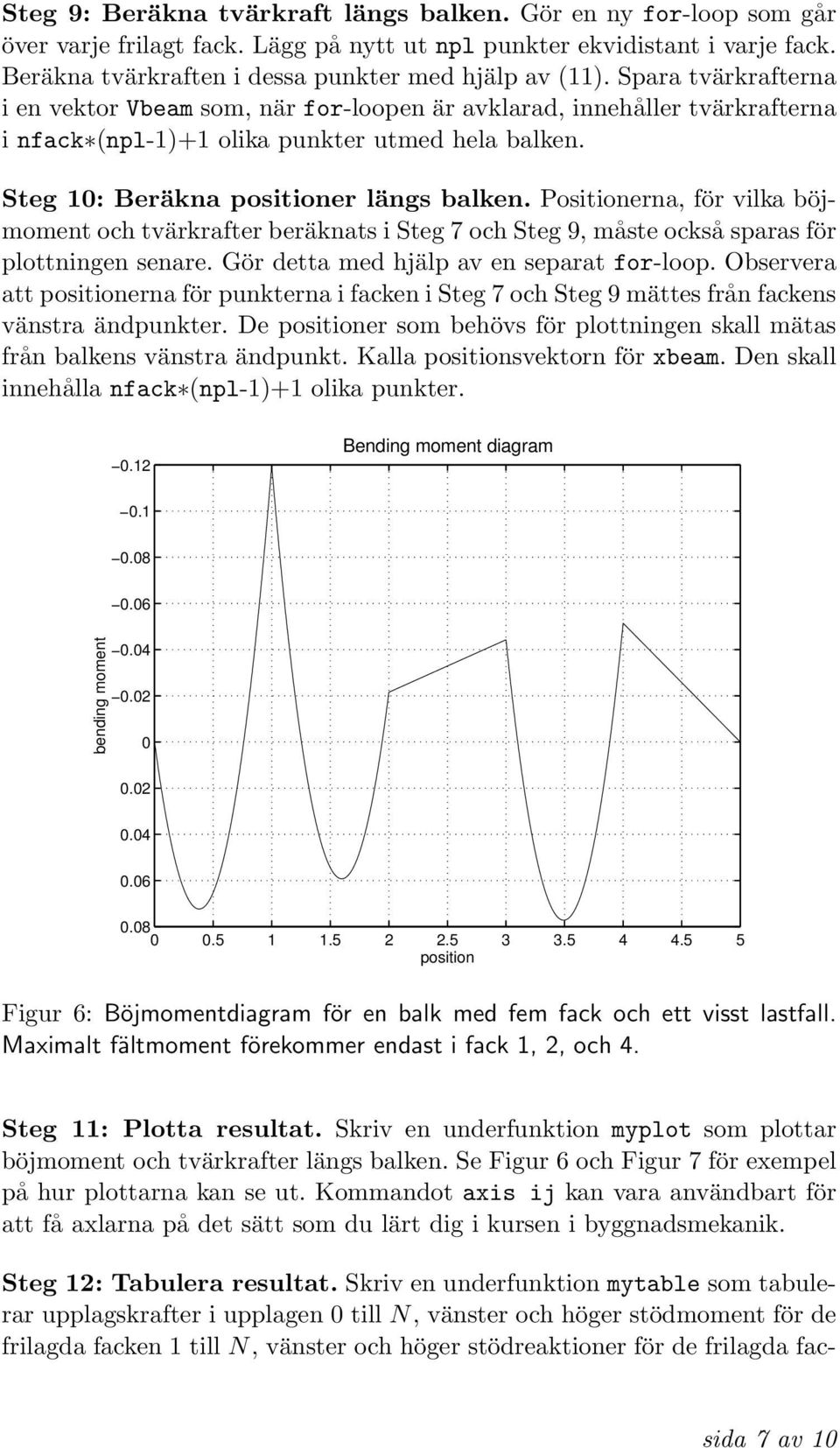 Positionerna, för vilka böjmoment och tvärkrafter beräknats i Steg 7 och Steg 9, måste också sparas för plottningen senare. Gör detta med hjälp av en separat for-loop.