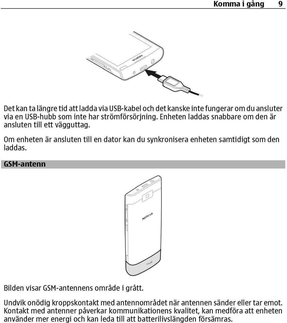 Om enheten är ansluten till en dator kan du synkronisera enheten samtidigt som den laddas. GSM-antenn Bilden visar GSM-antennens område i grått.