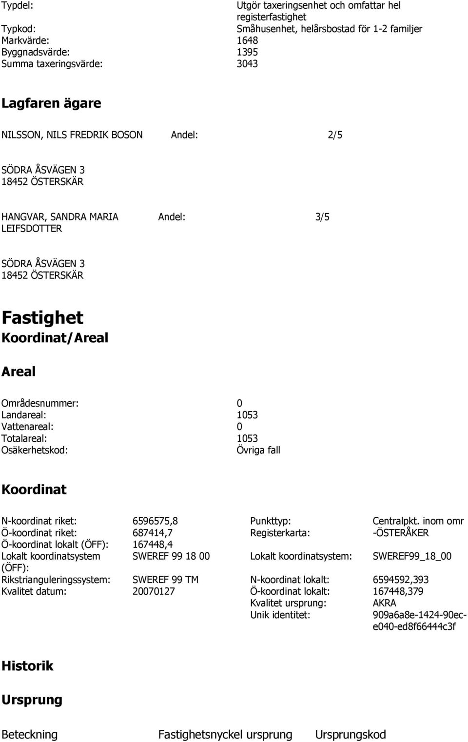 Landareal: 1053 Vattenareal: 0 Totalareal: 1053 Osäkerhetskod: Övriga fall Koordinat N-koordinat riket: 6596575,8 Punkttyp: Centralpkt.