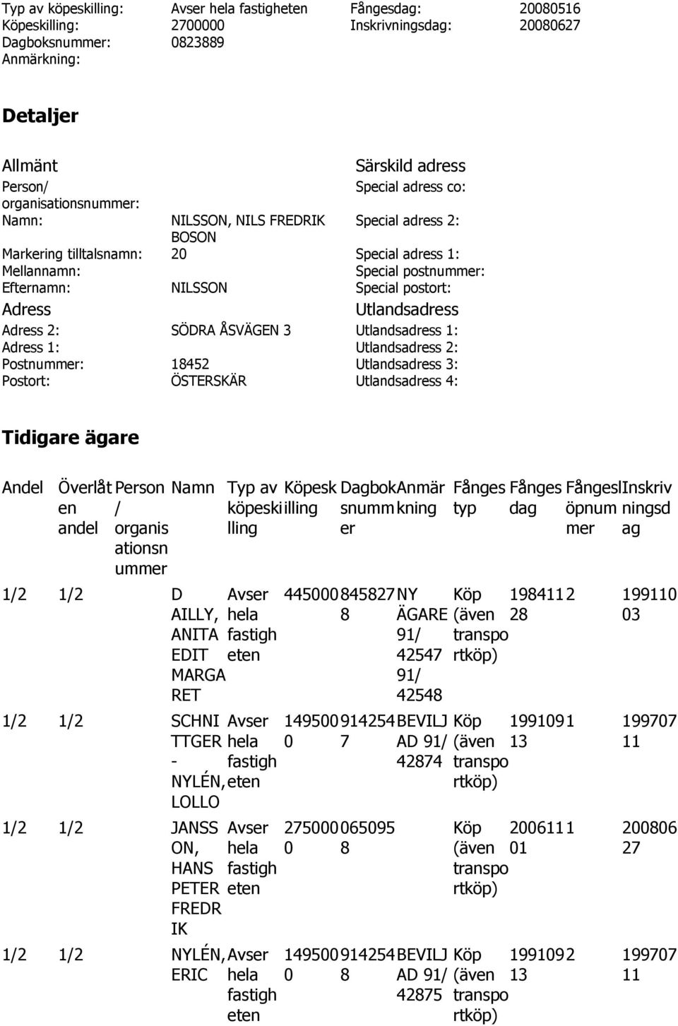 Utlandsadress Adress 2: SÖDRA ÅSVÄGEN 3 Utlandsadress 1: Adress 1: Utlandsadress 2: Postnummer: 18452 Utlandsadress 3: Postort: ÖSTERSKÄR Utlandsadress 4: Tidigare ägare Andel Överlåt Person Namn en